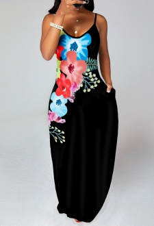 Spaghetti Strap Floral Print Double Pockets Maxi Dress