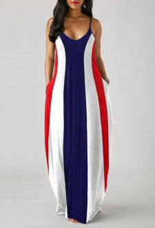Printed Spaghetti Strap Color Block Maxi Dress 