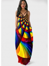 Rainbow Color Geometric Print Side Pocket Maxi Dress