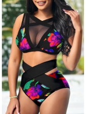 Floral Print High Waisted Mesh Stitching Bikini Set