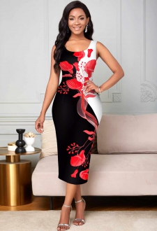 Sleeveless Floral Print Contrast Bodycon Dress