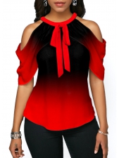 Cold Shoulder Ombre Red Halter Blouse