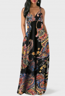 V Back Spaghetti Strap Bohemian Print Pocket Dress