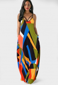 Spaghetti Strap Double Side Pockets Geometric Print Dress