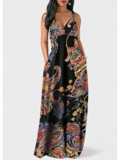 V Back Spaghetti Strap Bohemian Print Pocket Dress