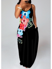Spaghetti Strap Floral Print Double Pockets Maxi Dress