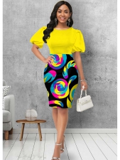 Round Neck Puff Sleeve Geometric Print Dress