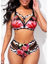 High Waisted Floral Print Criss Cross Back Bikini Set