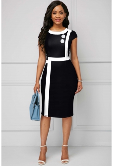 Short Sleeve Contrast Piping Round Neck Dress