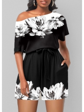 Double Side Pockets Floral Print Black Romper