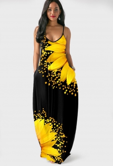 Spaghetti Strap Sunflower Print Side Pocket Maxi Dress