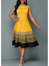 Round Neck Stripe Print High Waist Dress