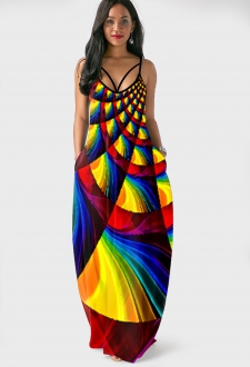 Rainbow Color Geometric Print Side Pocket Maxi Dress