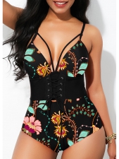 Lace Up Front Tie Back Floral Print One Piece Swimwear