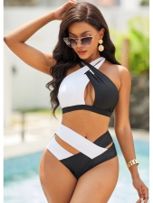 High Waist Contrast Cross Strap Bikini Set
