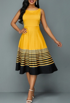 Round Neck Stripe Print High Waist Dress