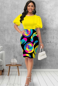 Round Neck Puff Sleeve Geometric Print Dress