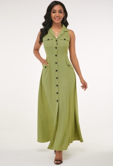 Side Pocket Button Up Turndown Collar Maxi Dress