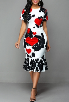 Short Sleeve Rose and Heart Print Dress