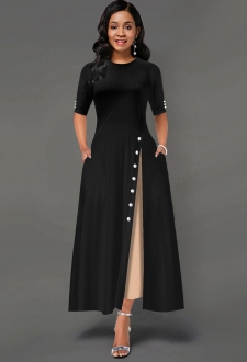 Inclined Button Side Pocket Contrast Maxi Dress