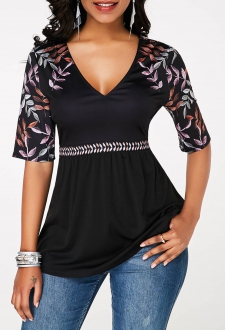 V Neck Printed Half Sleeve Black T Shirt