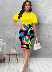 Round Neck Puff Sleeve Geometric Print Dress
