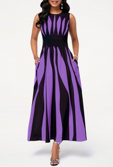 Round Neck Stripe Print Pocket Dress