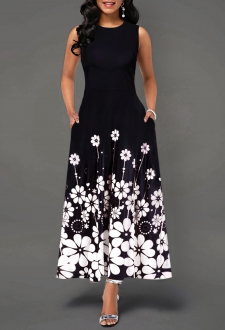 Round Neck Flower Print Color Block Maxi Dress