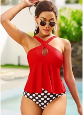 Cross Front Polka Dot Wide Strap Tankini Set