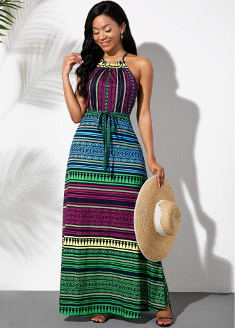 Striped Multicolor Bowknot Sash Dress