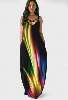 Side Pocket Spaghetti Strap Printed Maxi Dress