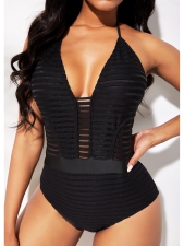 Halter Ladder Cutout Black One Piece Swimwear