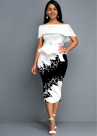 Belted Sunflower Print Off the Shoulder Foldover Dress