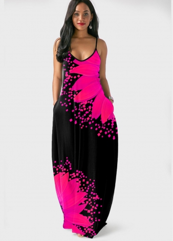 Side Pocket Sunflower Print Spaghetti Strap Dress
