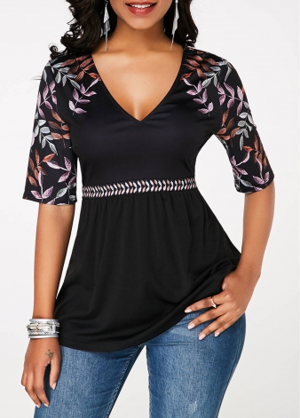 V Neck Printed Half Sleeve Black T Shirt