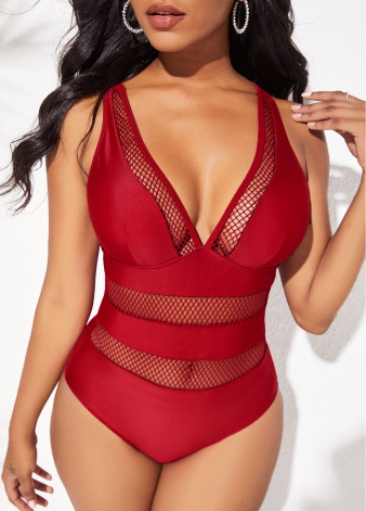 Cross Strap Mesh Stitching Solid One Piece Swimwear