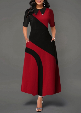 Turndown Collar Side Pocket Contrast Maxi Dress