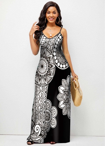 High Waist Spaghetti Strap Floral Print Maxi Dress