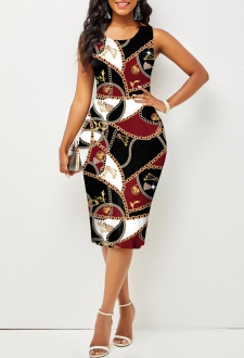 Contrast Printed Sleeveless Round Neck Bodycon Dress