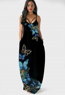 Black Butterfly Print Spaghetti Strap Dress