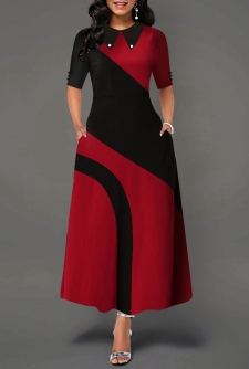 Turndown Collar Side Pocket Contrast Maxi Dress