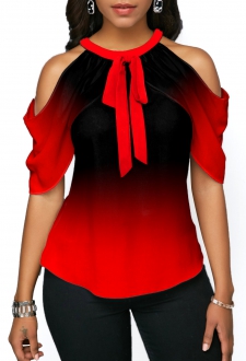 Cold Shoulder Ombre Red Halter Blouse