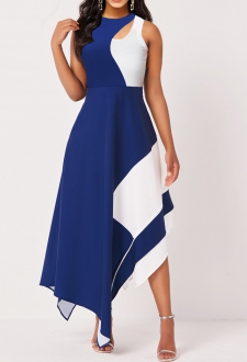 Asymmetric Hem Blue Sleeveless Maxi Dress