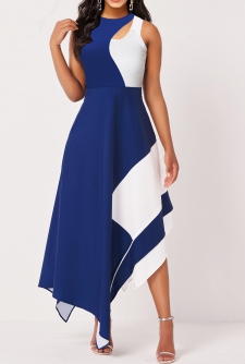 Asymmetric Hem Blue Sleeveless Maxi Dress