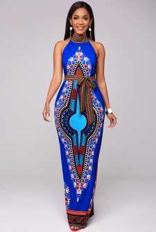 Belted Dashiki Print Bib Neck Maxi Dress
