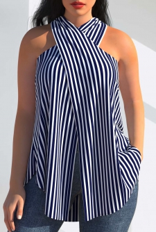 Cross Front Halter Navy Blue Striped Tank Top