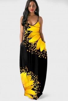 Spaghetti Strap Sunflower Print Side Pocket Maxi Dress
