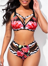 High Waisted Floral Print Criss Cross Back Bikini Set