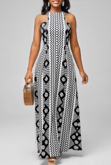 Bib Neck Geometric Print Black Dress