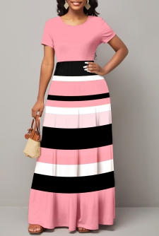 Striped Pink Round Neck Short Sleeve Maxi Dress